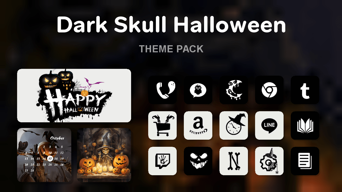 Dark Skull Halloween theme pack preview showing all icons widgets and wallpaper