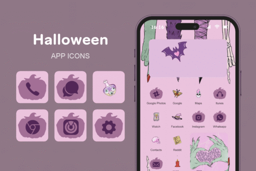 Halloween theme pack featured image showing icons widgets and wallpaper