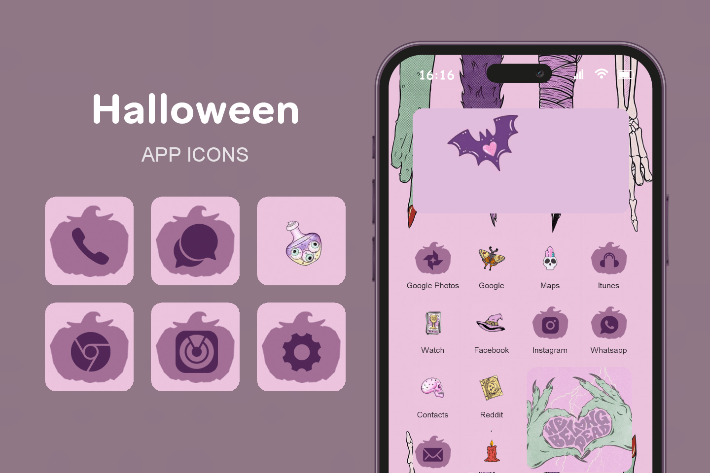 Halloween theme pack featured image showing icons widgets and wallpaper
