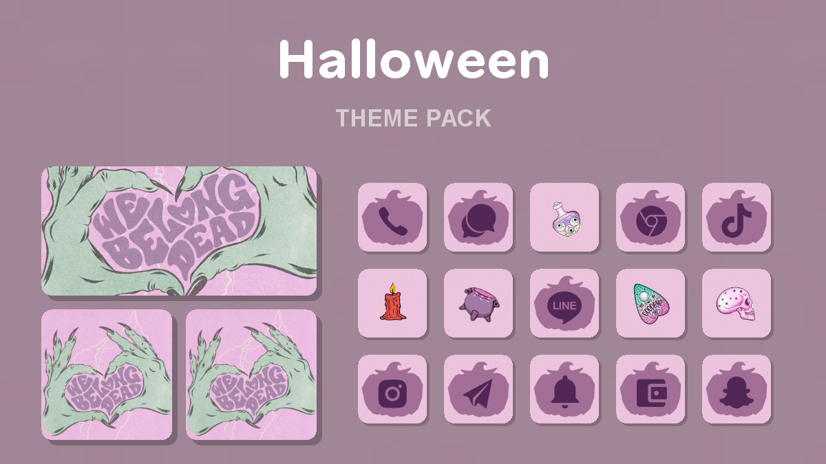 Halloween theme pack preview showing all icons widgets and wallpaper