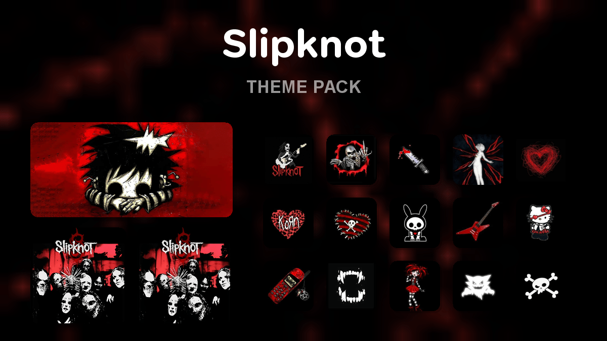 Slipknot theme pack preview showing all icons widgets and wallpaper