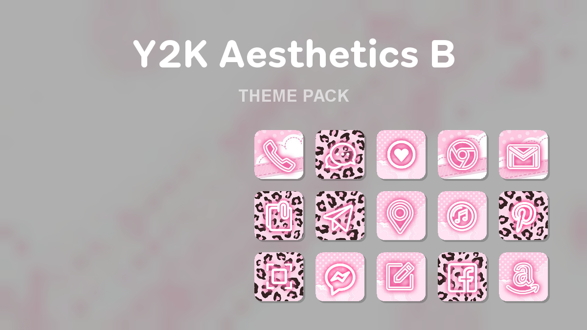 Y2K Aesthetics B theme pack preview showing all icons widgets and wallpaper