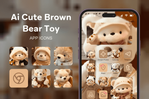 Ai Cute Brown Bear Toy theme pack featured image showing icons widgets and wallpaper