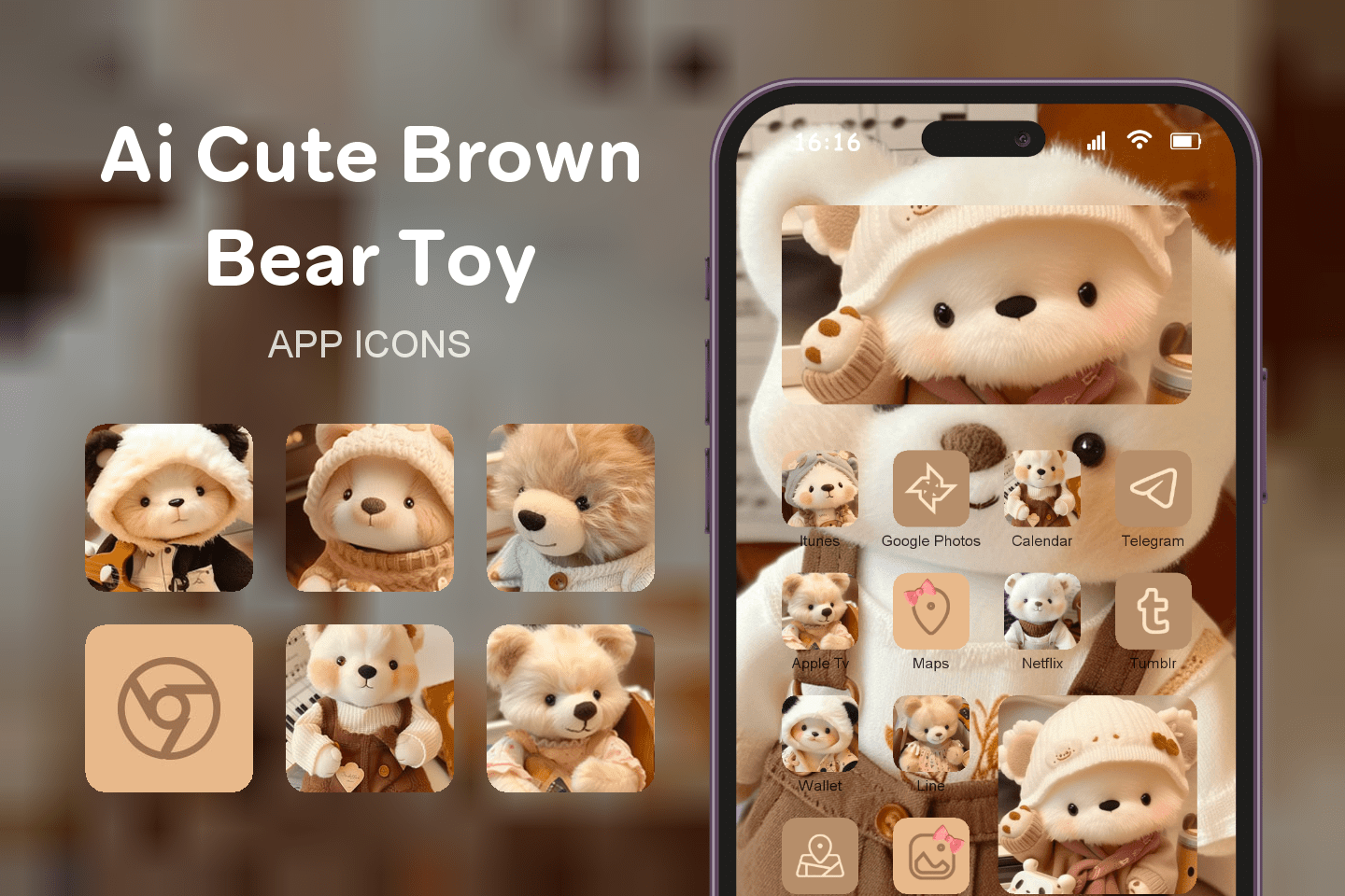 Ai Cute Brown Bear Toy theme pack featured image showing icons widgets and wallpaper