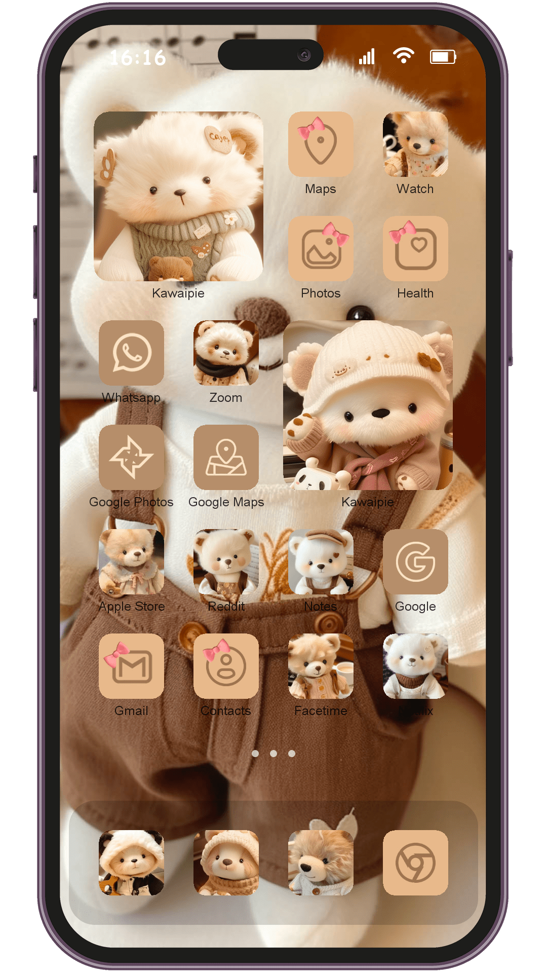 Ai Cute Brown Bear Toy theme pack installed on phone home screen