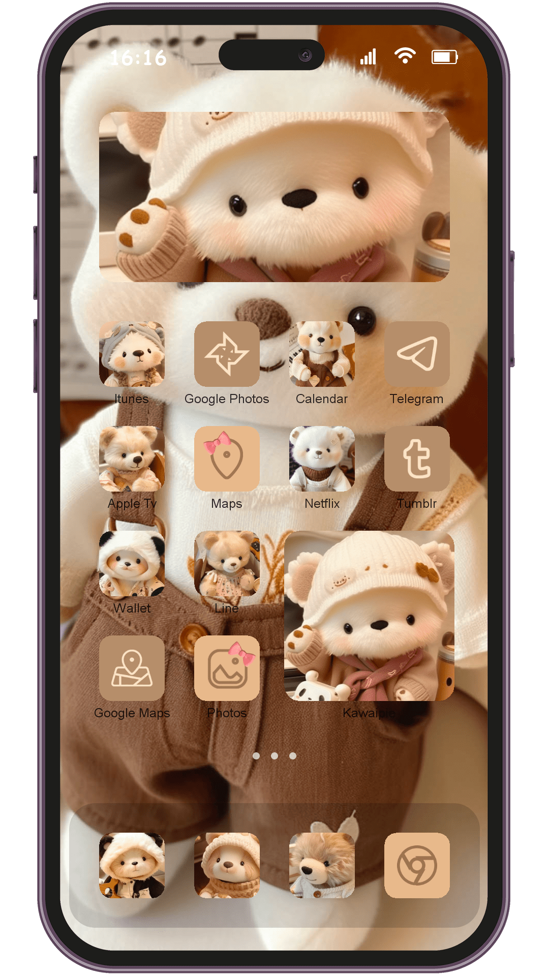 Ai Cute Brown Bear Toy theme pack applied on smartphone home screen