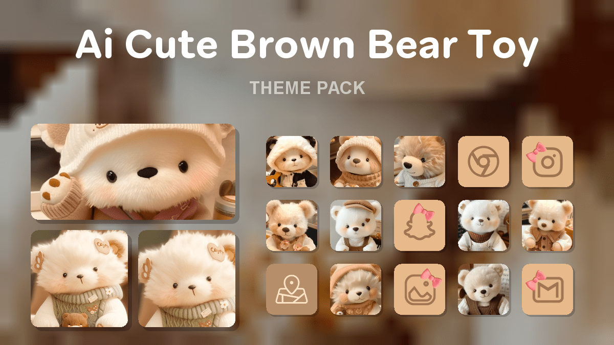 Ai Cute Brown Bear Toy theme pack preview showing all icons widgets and wallpaper