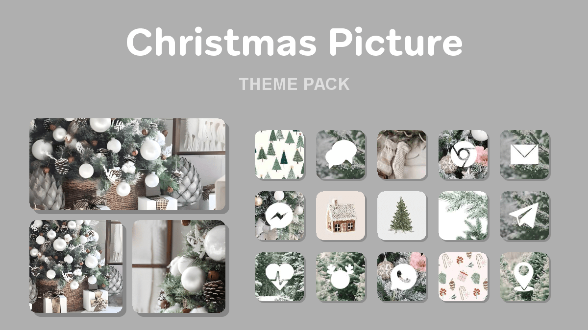 Christmas Picture theme pack preview showing all icons widgets and wallpaper