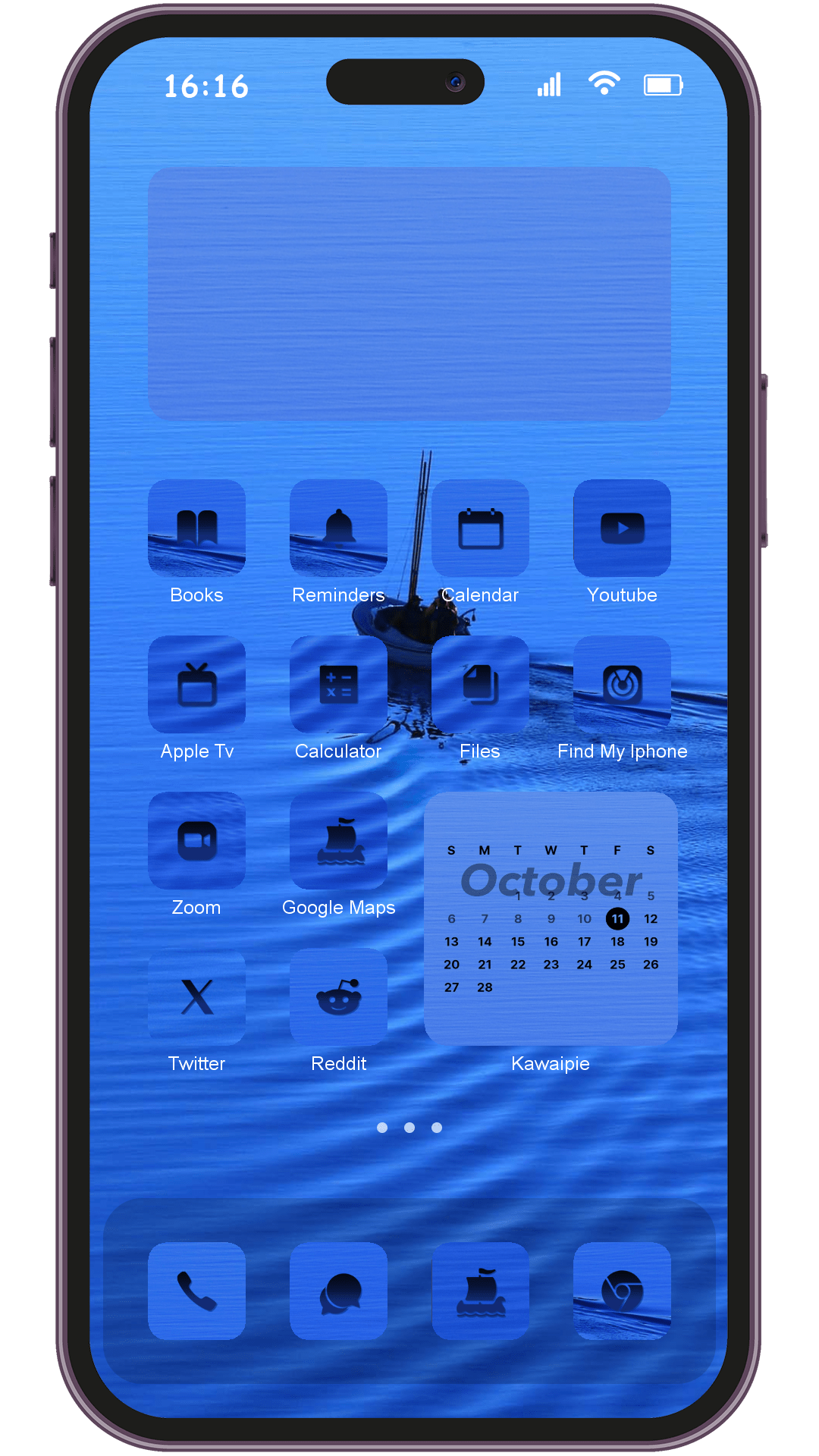Dark Blue Summer theme pack applied on smartphone home screen