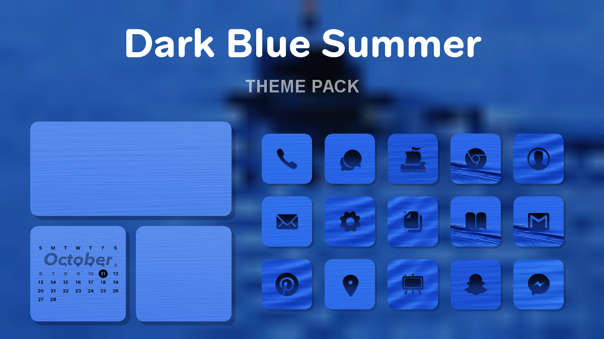 Dark Blue Summer theme pack preview showing all icons widgets and wallpaper