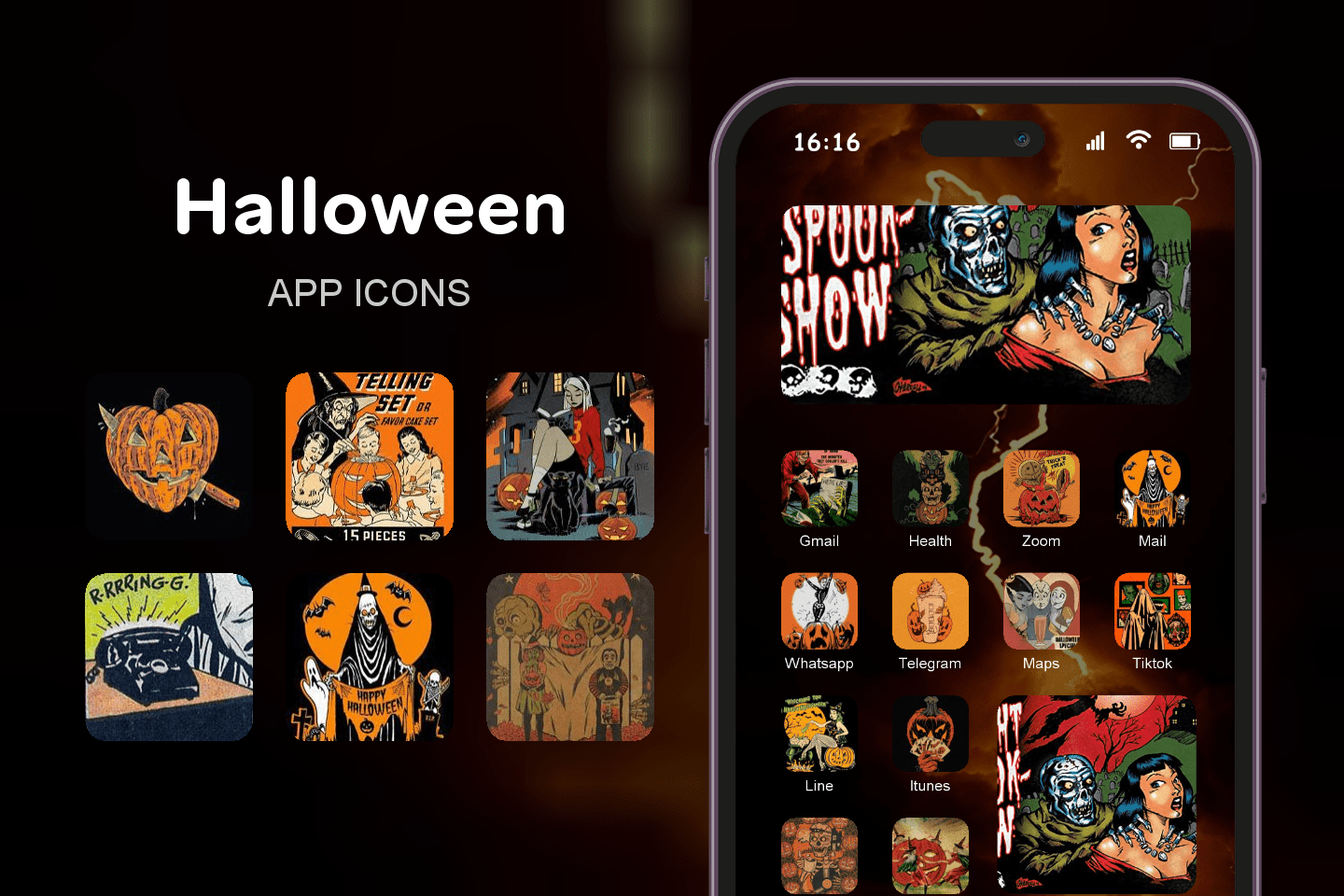 Halloween theme pack featured image showing icons widgets and wallpaper