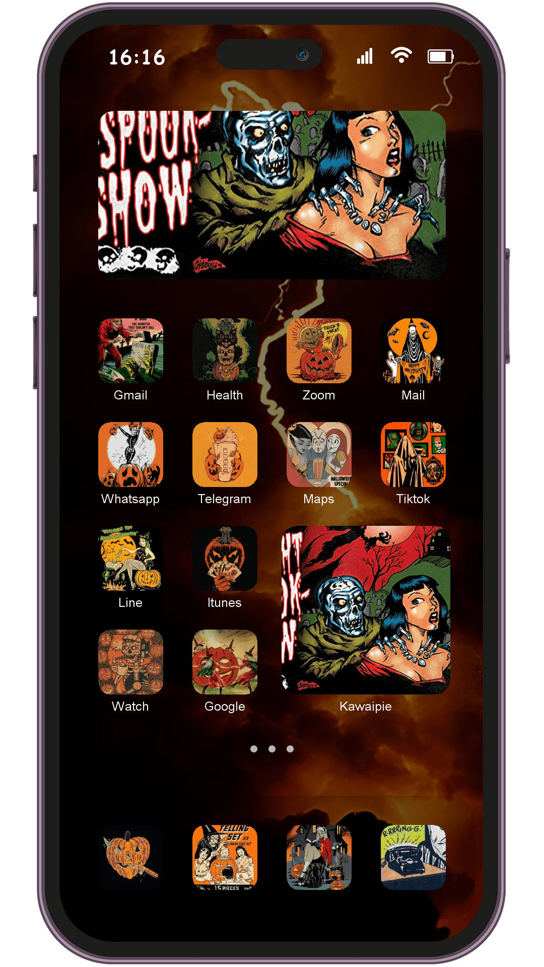 Halloween theme pack applied on smartphone home screen