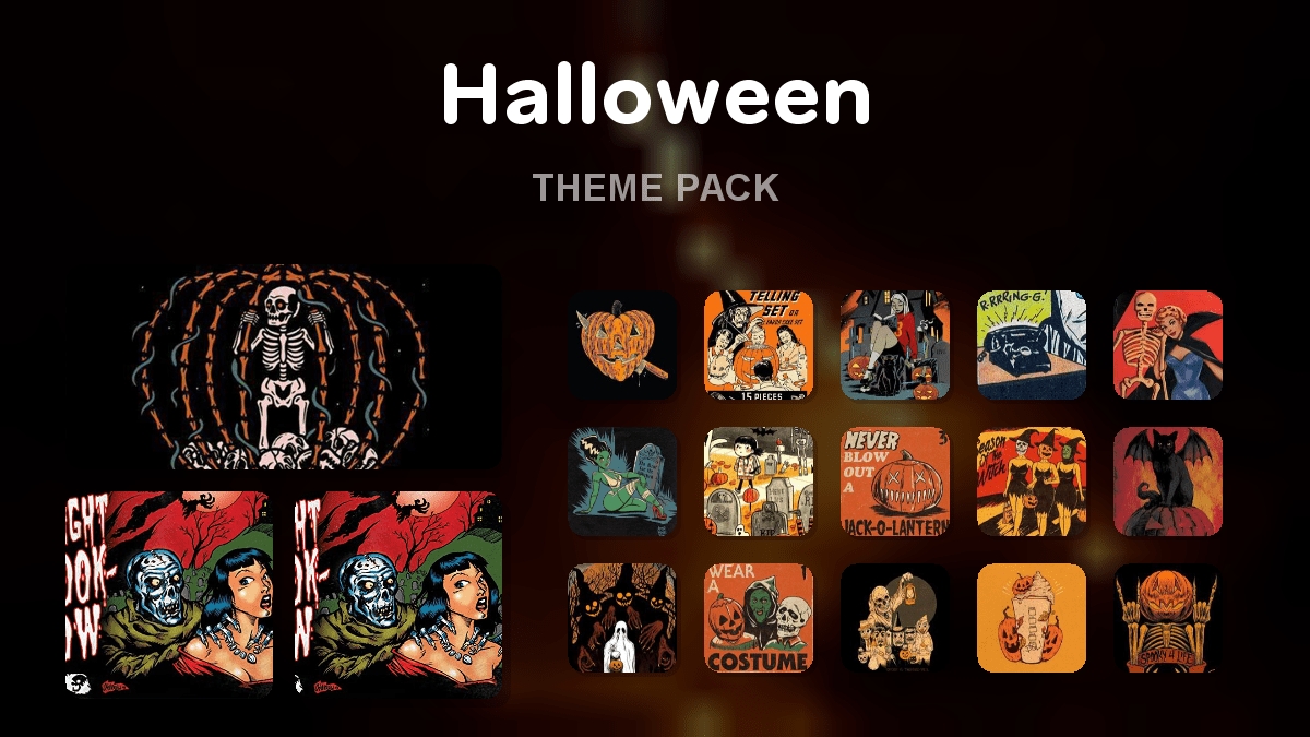Halloween theme pack preview showing all icons widgets and wallpaper