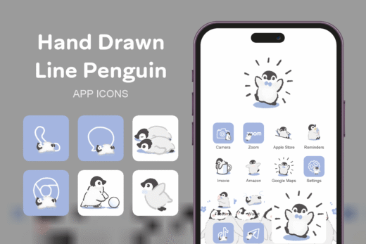 Hand Drawn Line Penguin theme pack featured image showing icons widgets and wallpaper