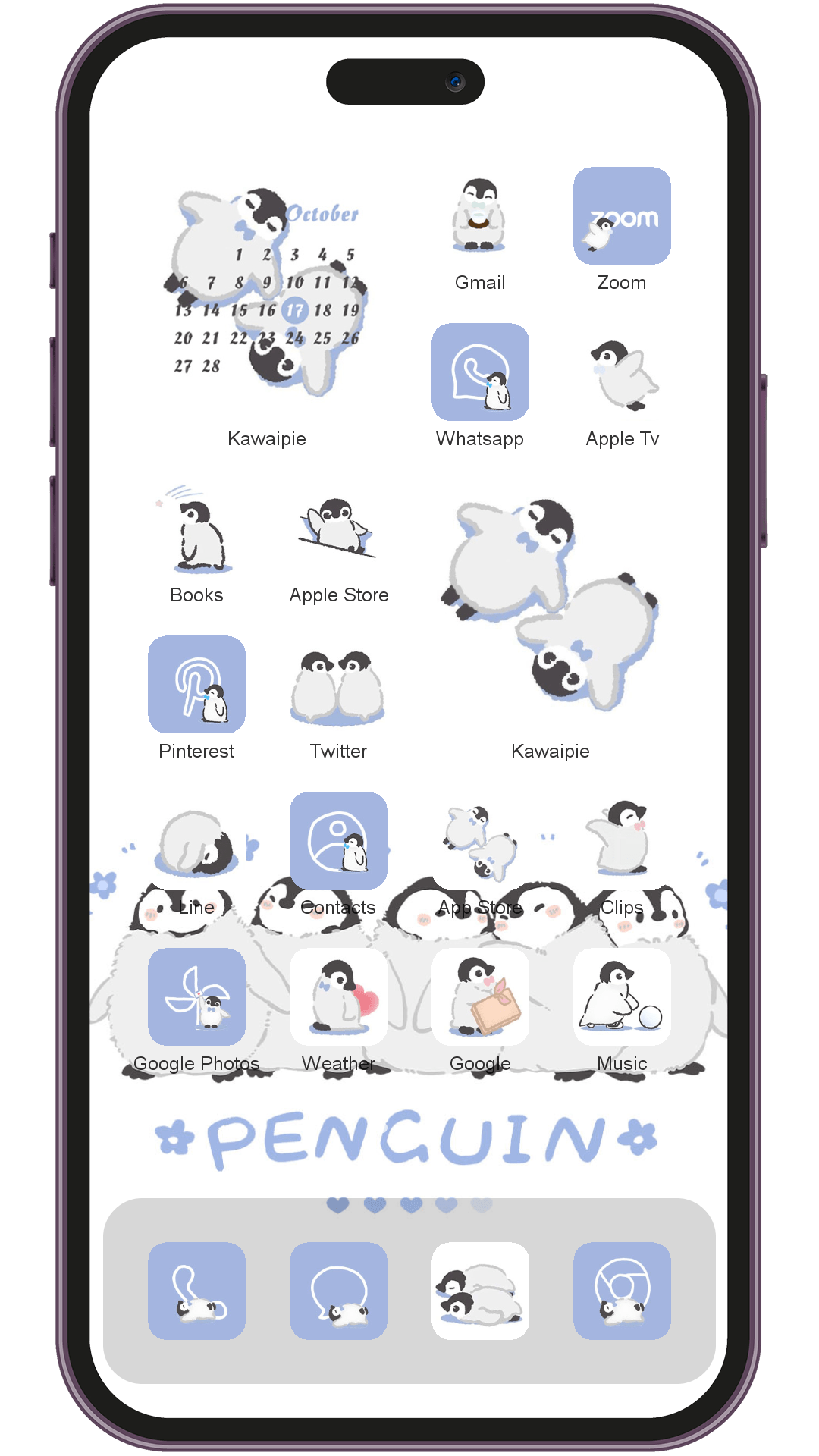 Hand Drawn Line Penguin theme pack installed on phone home screen
