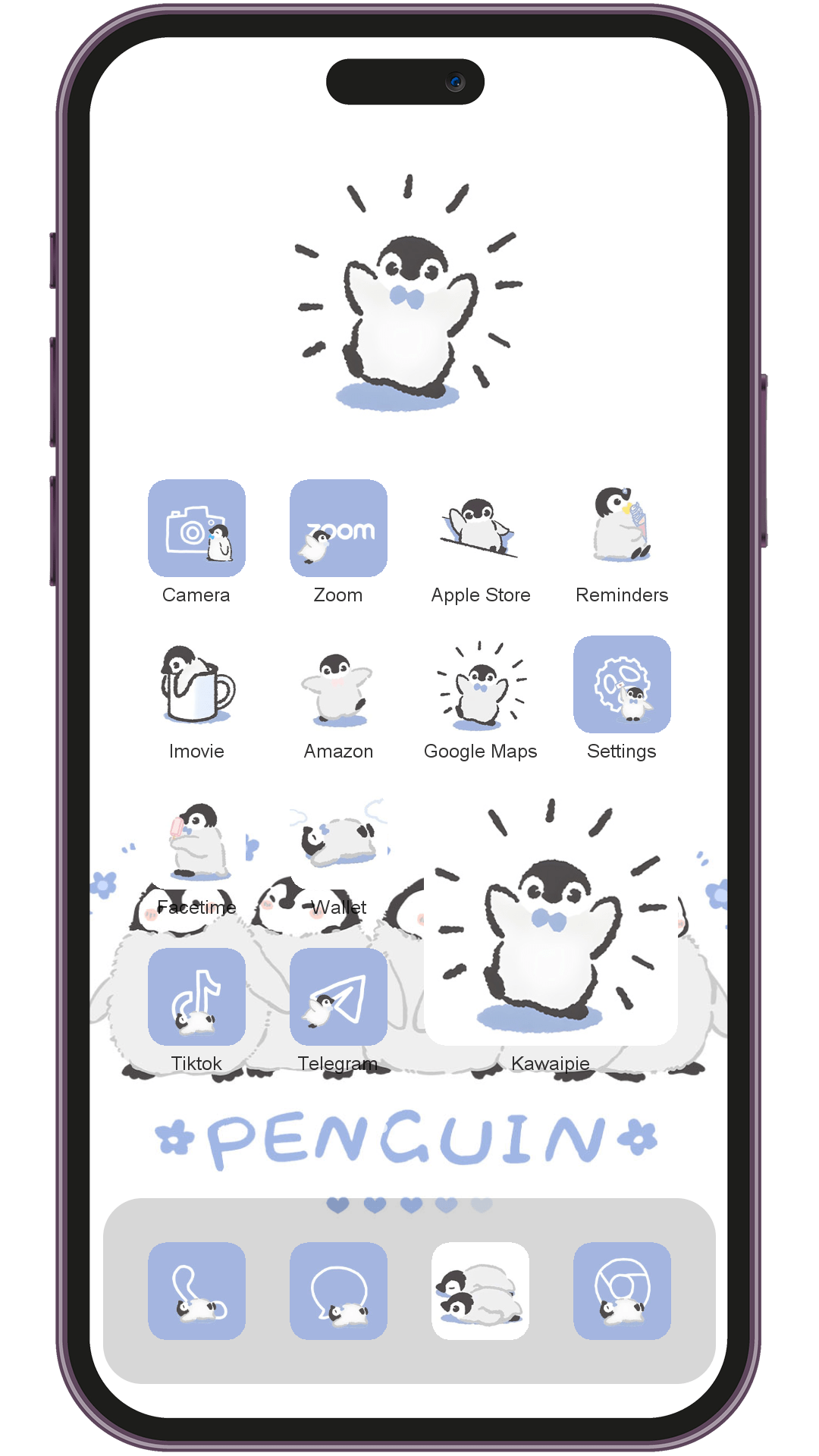 Hand Drawn Line Penguin theme pack applied on smartphone home screen