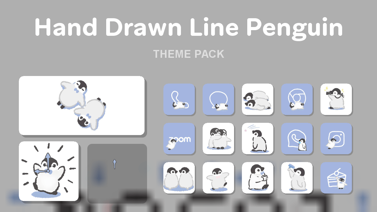 Hand Drawn Line Penguin theme pack preview showing all icons widgets and wallpaper