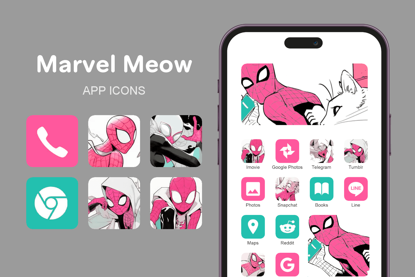 Marvel Meow theme pack featured image showing icons widgets and wallpaper