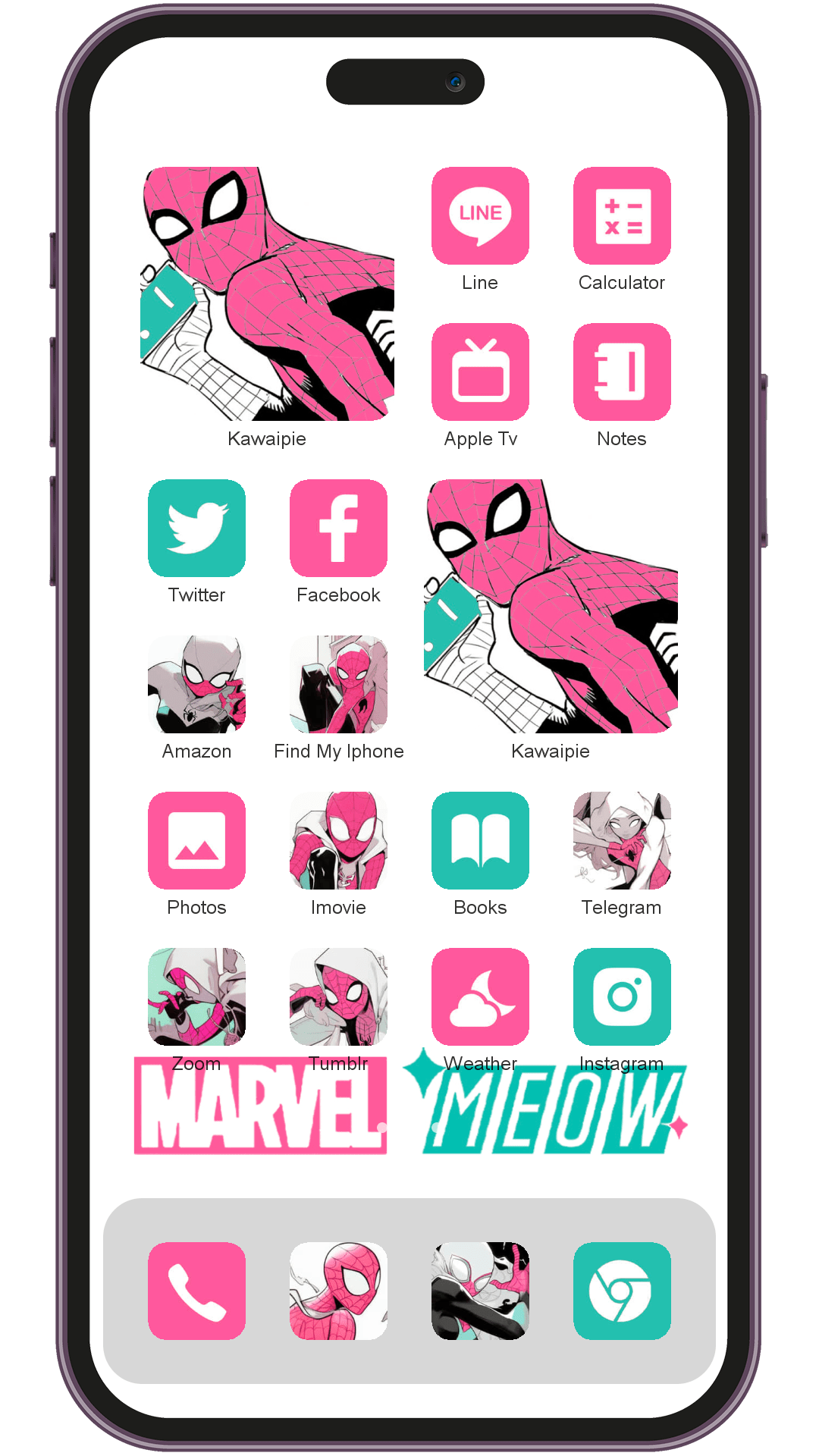 Marvel Meow theme pack installed on phone home screen