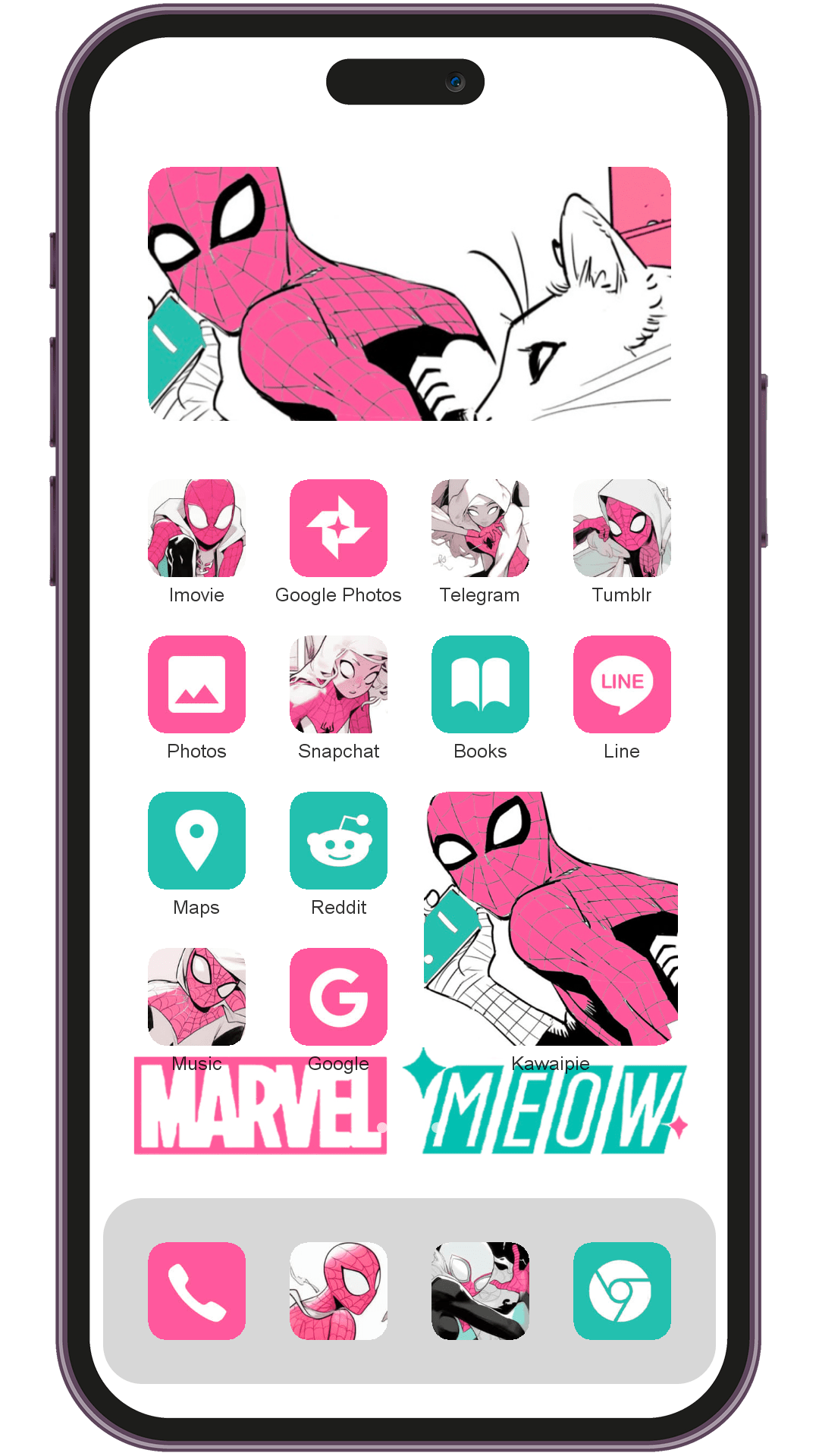 Marvel Meow theme pack applied on smartphone home screen