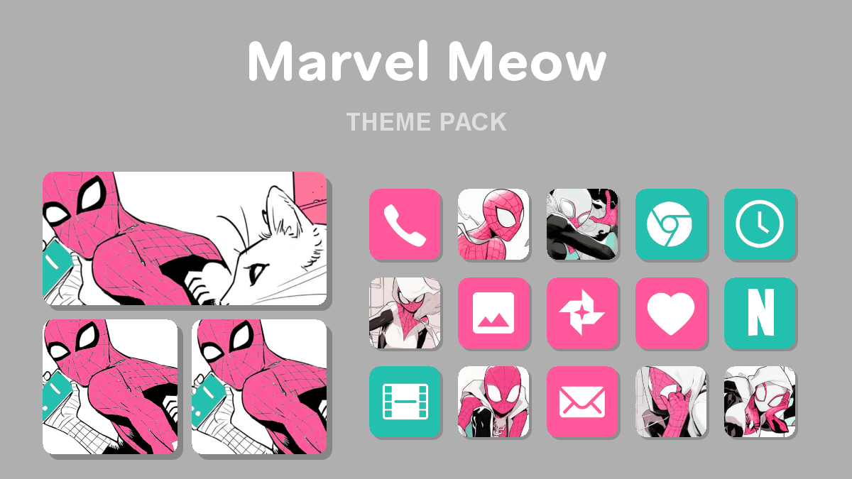 Marvel Meow theme pack preview showing all icons widgets and wallpaper