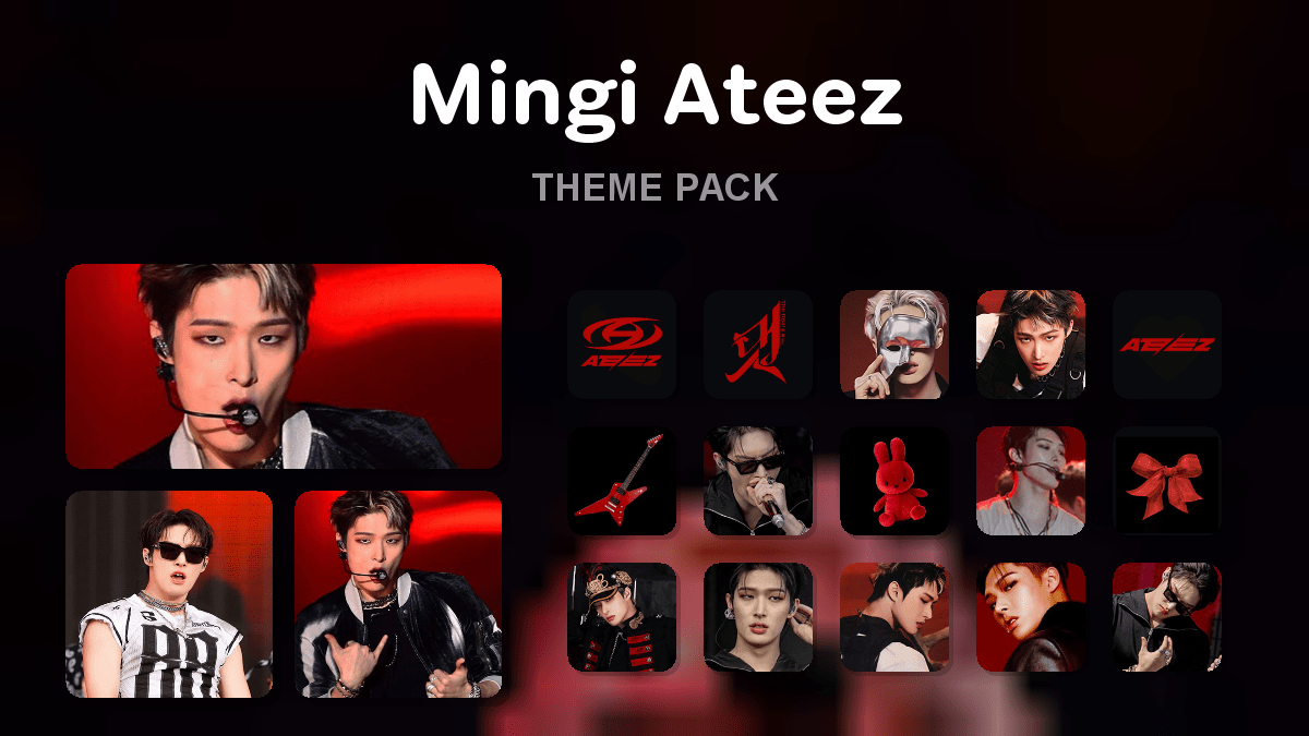 Mingi Ateez theme pack preview showing all icons widgets and wallpaper