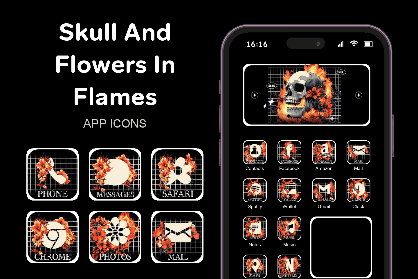 Skull And Flowers In Flames theme pack featured image showing icons widgets and wallpaper
