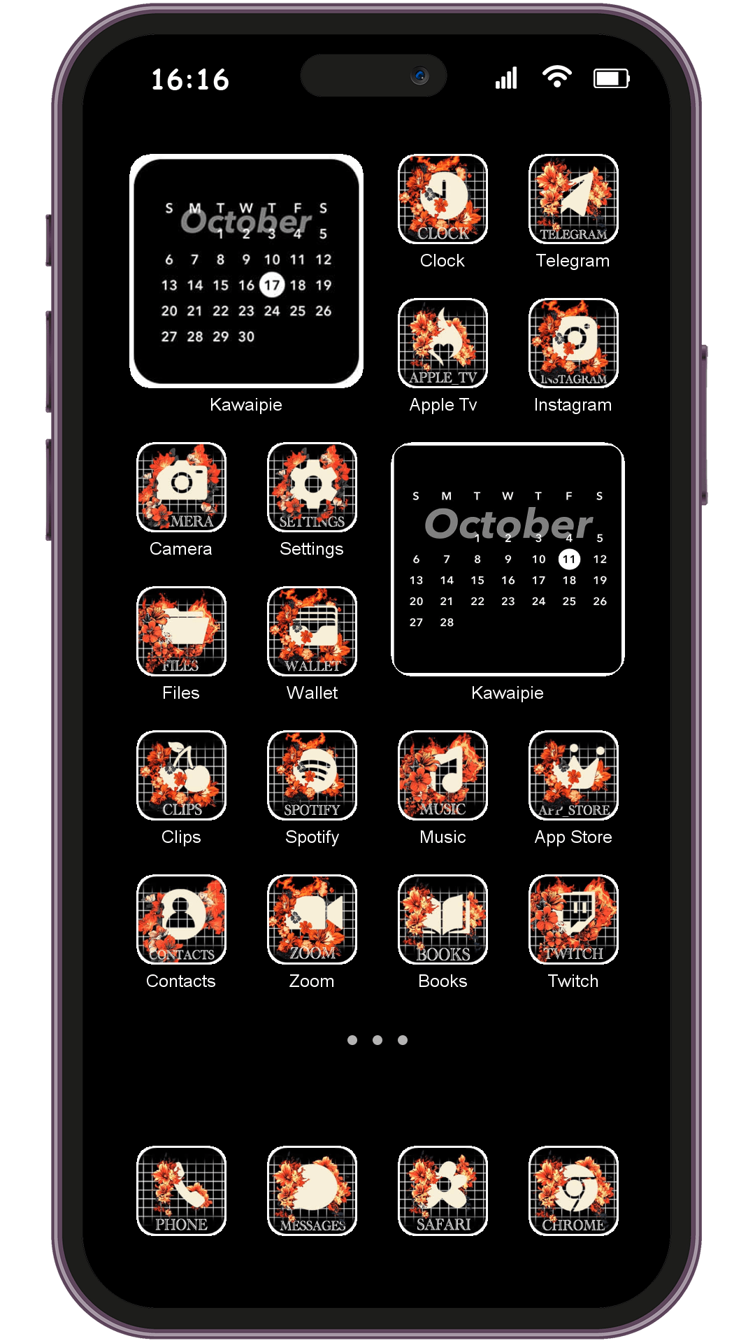 Skull And Flowers In Flames theme pack installed on phone home screen