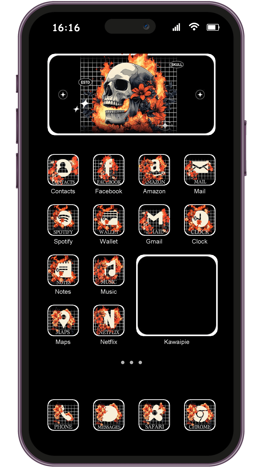 Skull And Flowers In Flames theme pack applied on smartphone home screen