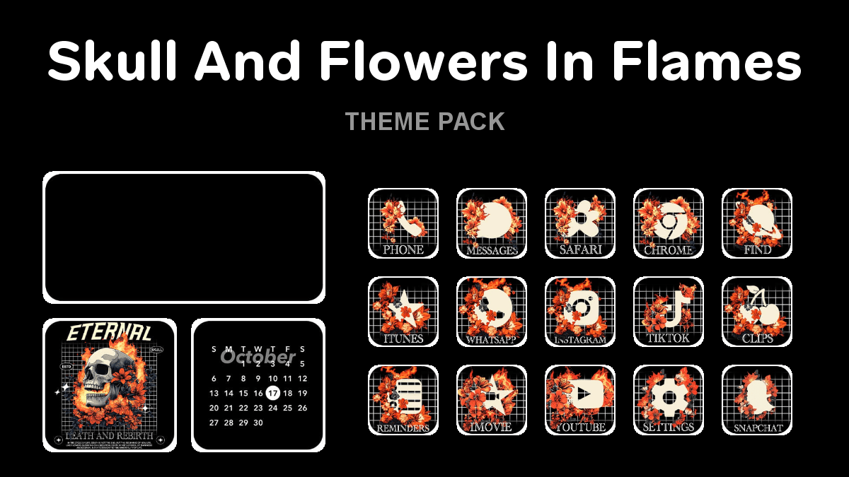 Skull And Flowers In Flames theme pack preview showing all icons widgets and wallpaper