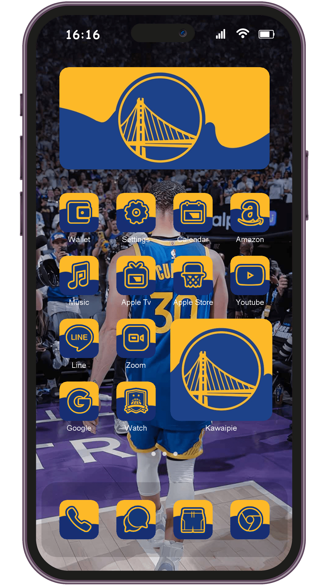 BBA Golden State Warriors Basketball theme pack applied on smartphone home screen