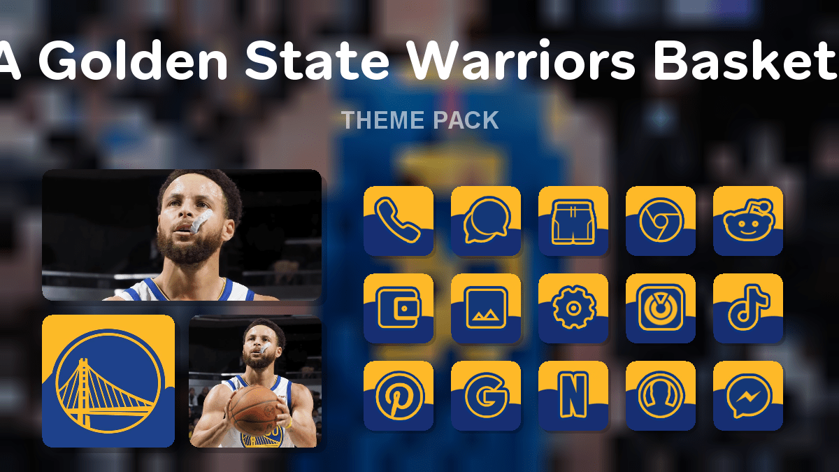 BBA Golden State Warriors Basketball theme pack preview showing all icons widgets and wallpaper
