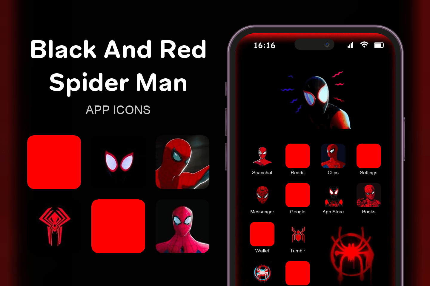 Black And Red Spider Man theme pack featured image showing icons widgets and wallpaper