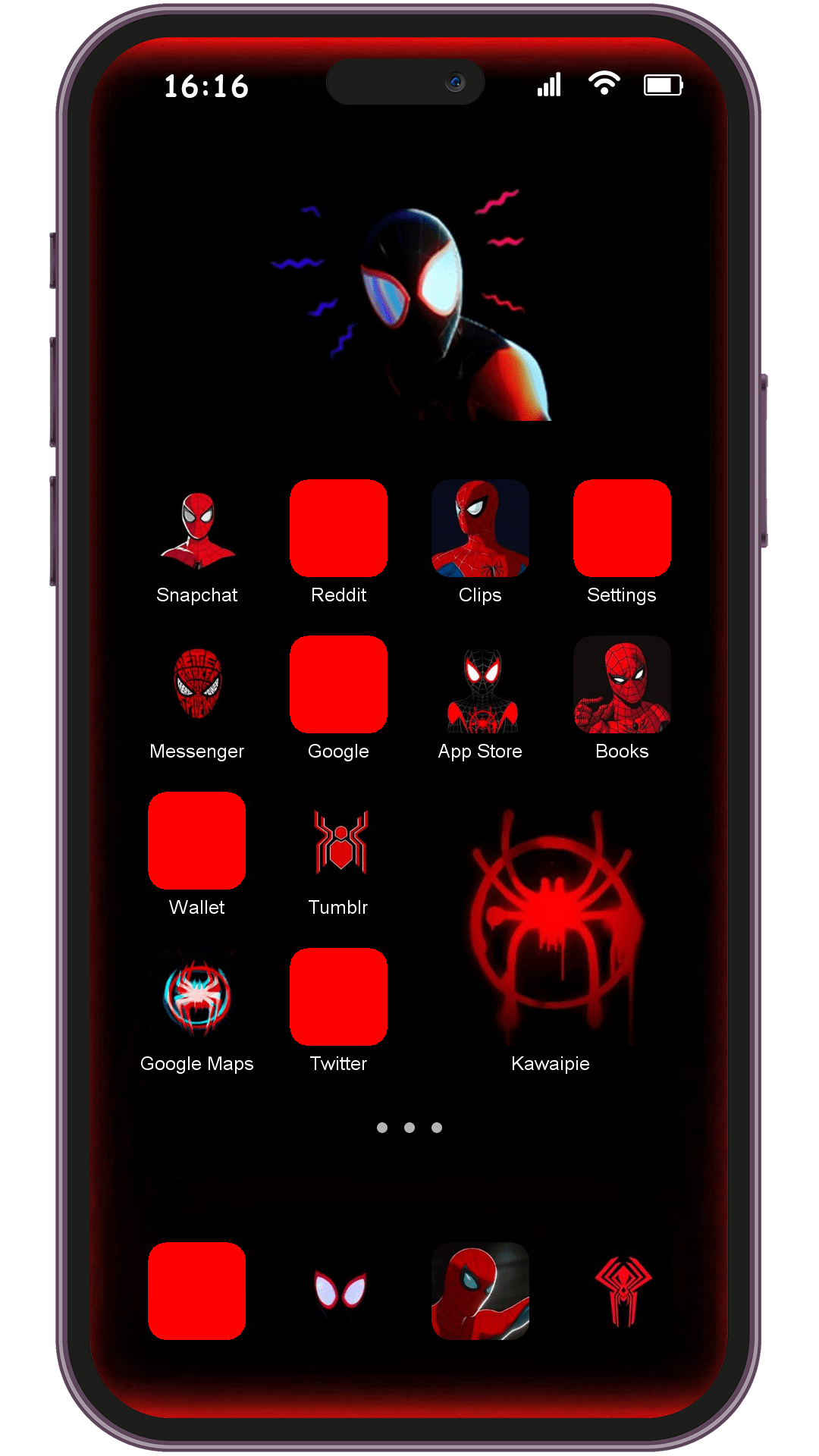 Black And Red Spider Man theme pack applied on smartphone home screen