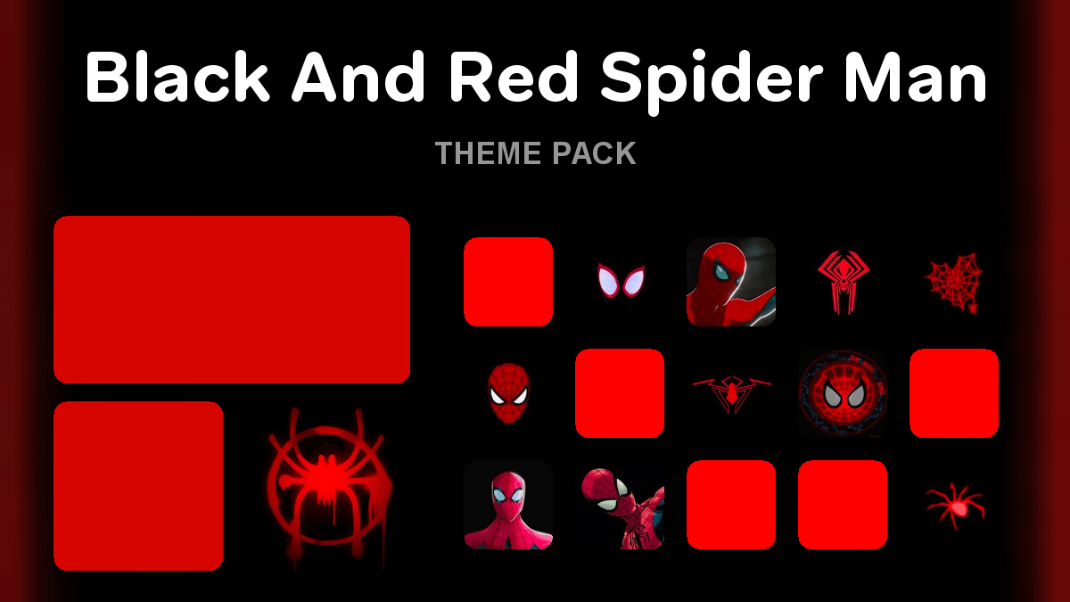 Black And Red Spider Man theme pack preview showing all icons widgets and wallpaper