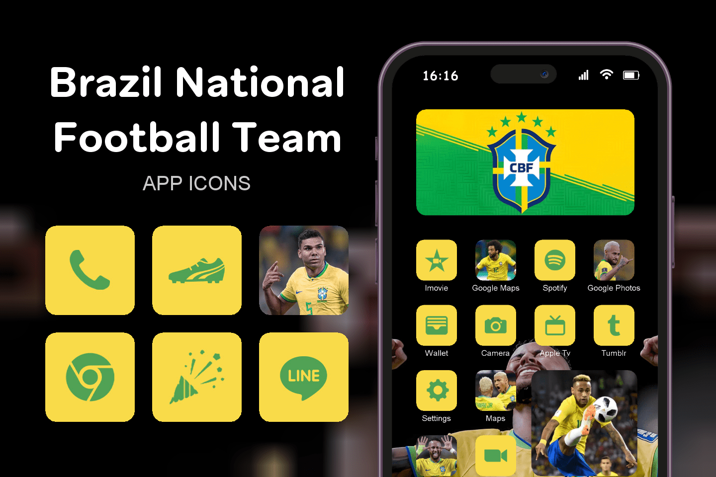 Brazil National Football Team theme pack featured image showing icons widgets and wallpaper