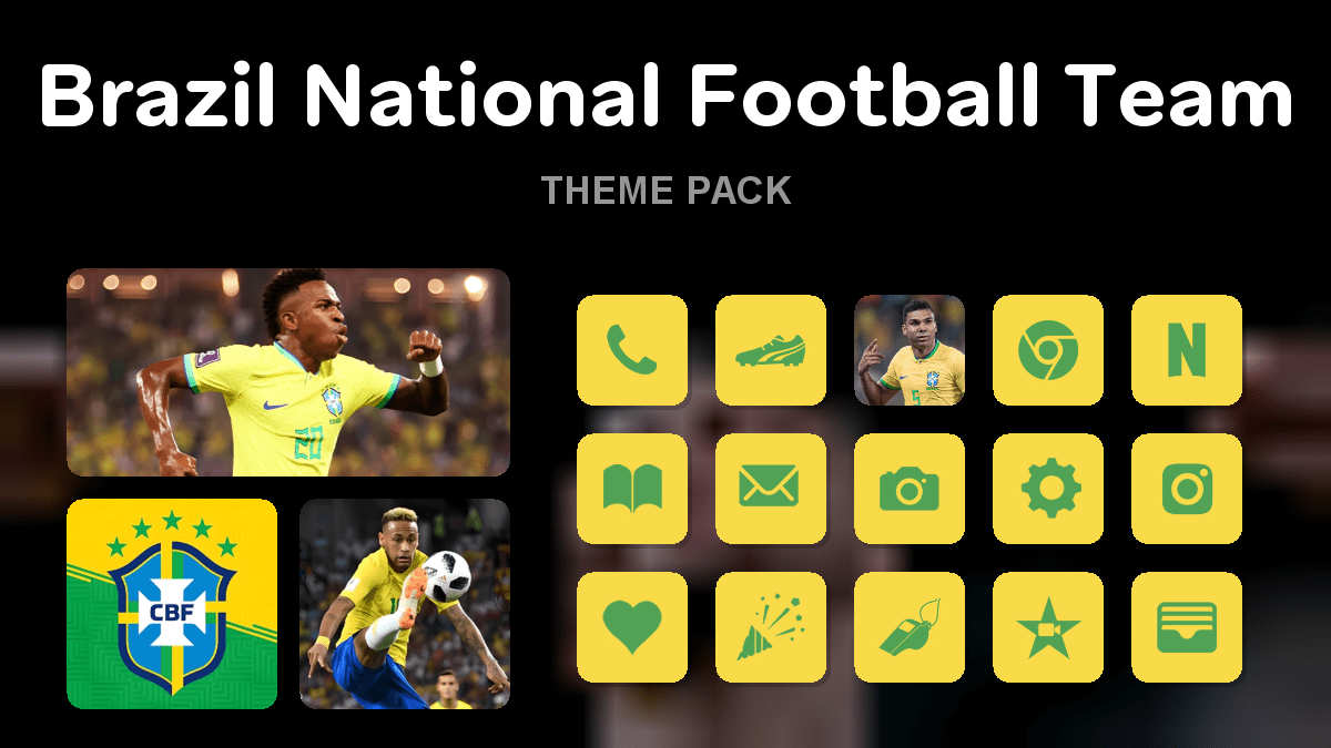 Brazil National Football Team theme pack preview showing all icons widgets and wallpaper