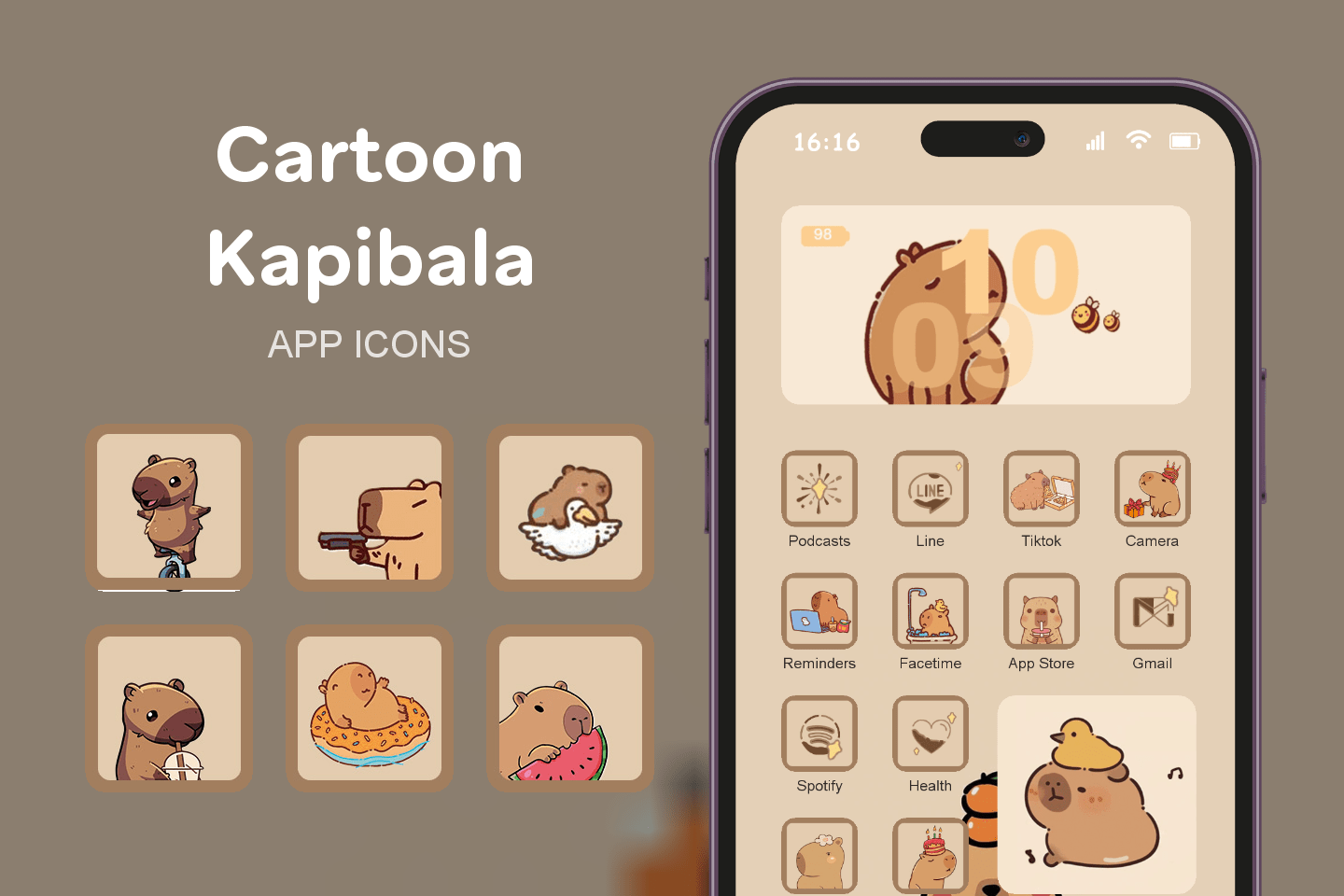 Cartoon Kapibala theme pack featured image showing icons widgets and wallpaper
