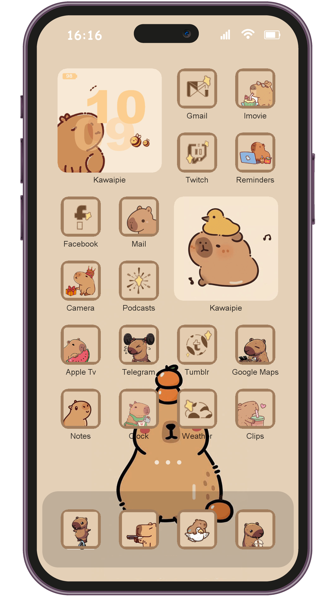 Cartoon Kapibala theme pack installed on phone home screen