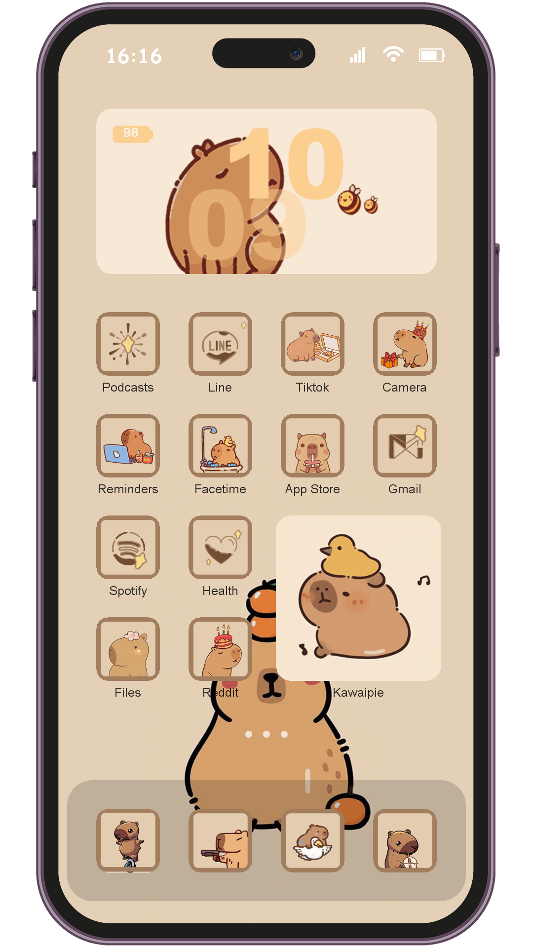 Cartoon Kapibala theme pack applied on smartphone home screen