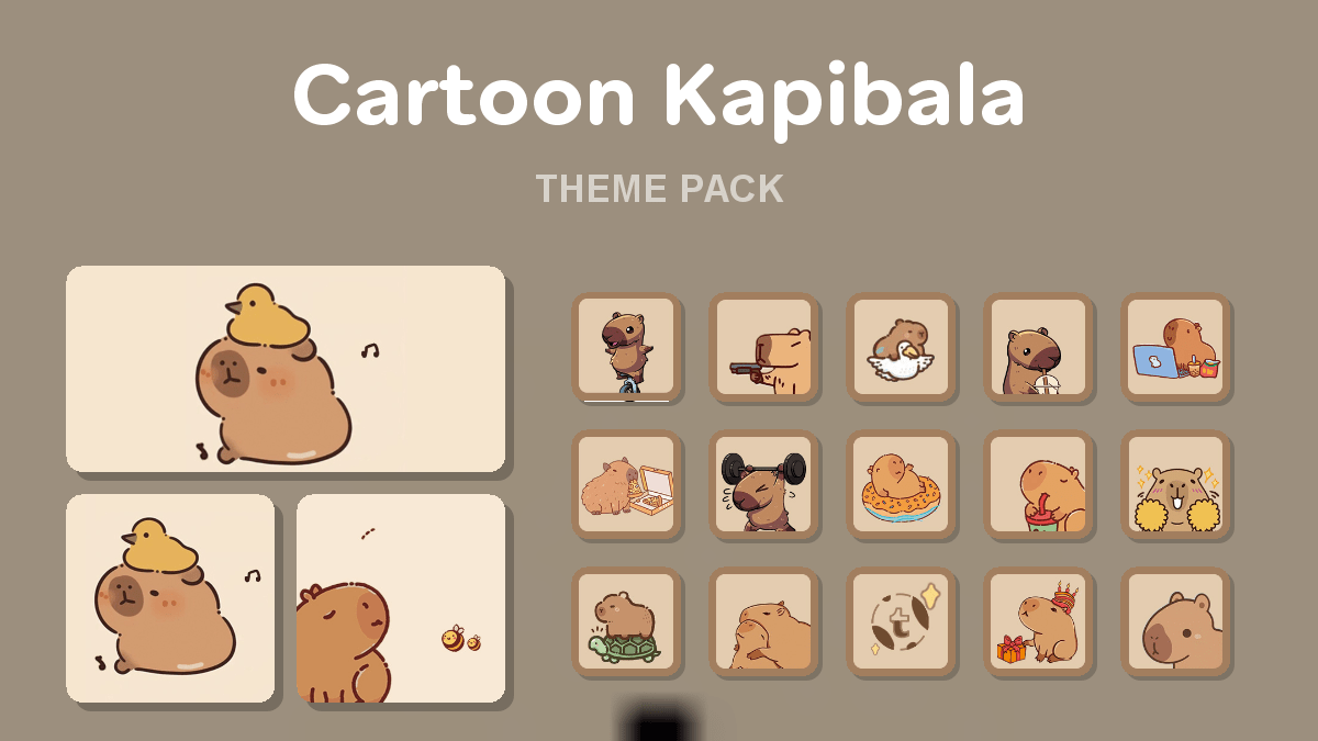 Cartoon Kapibala theme pack preview showing all icons widgets and wallpaper
