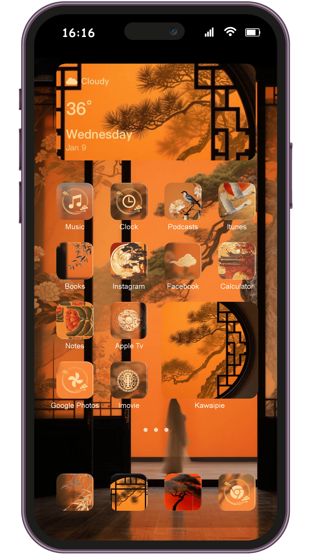Chinese Aesthetics theme pack applied on smartphone home screen