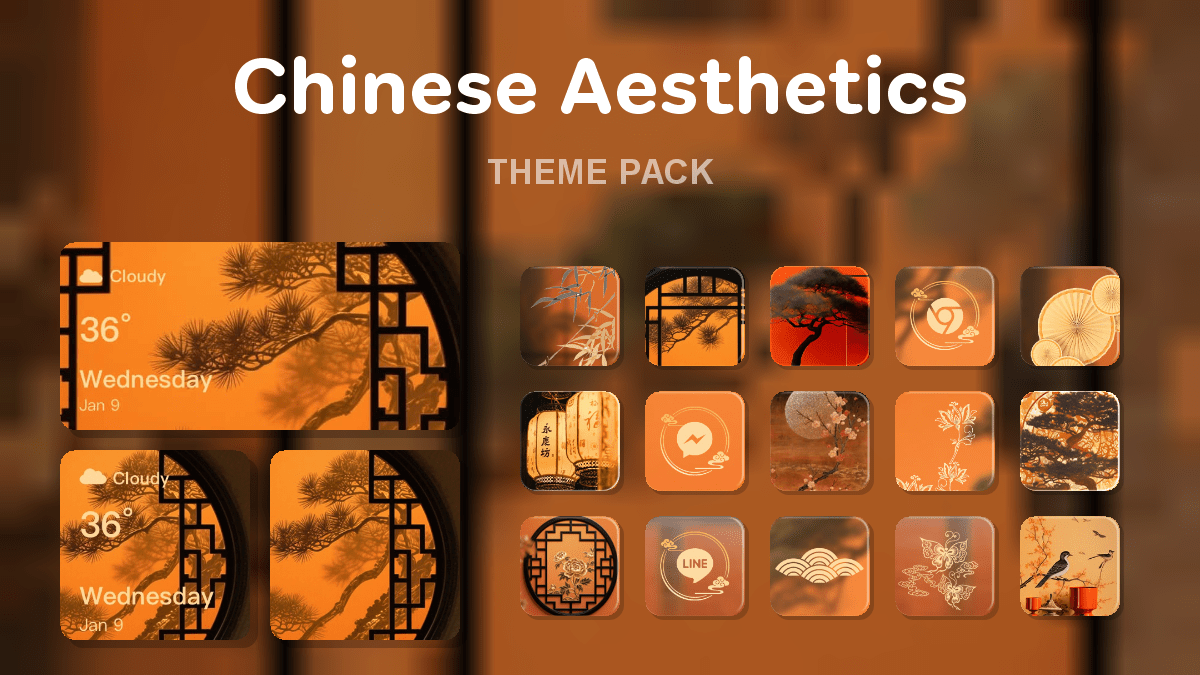 Chinese Aesthetics theme pack preview showing all icons widgets and wallpaper