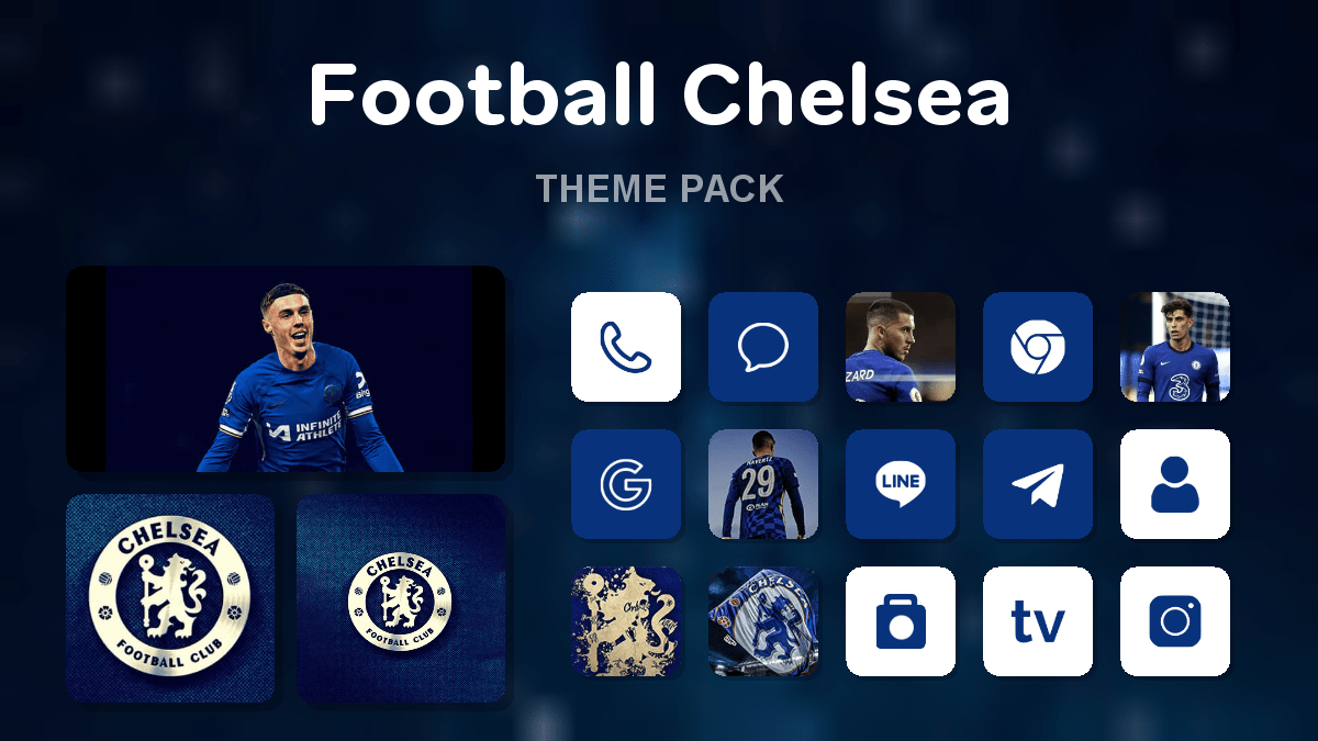 Football Chelsea theme pack preview showing all icons widgets and wallpaper