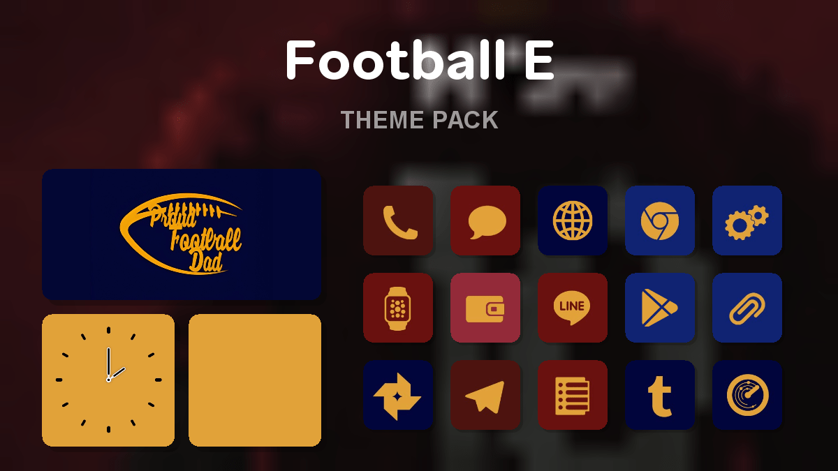 Football E theme pack preview showing all icons widgets and wallpaper
