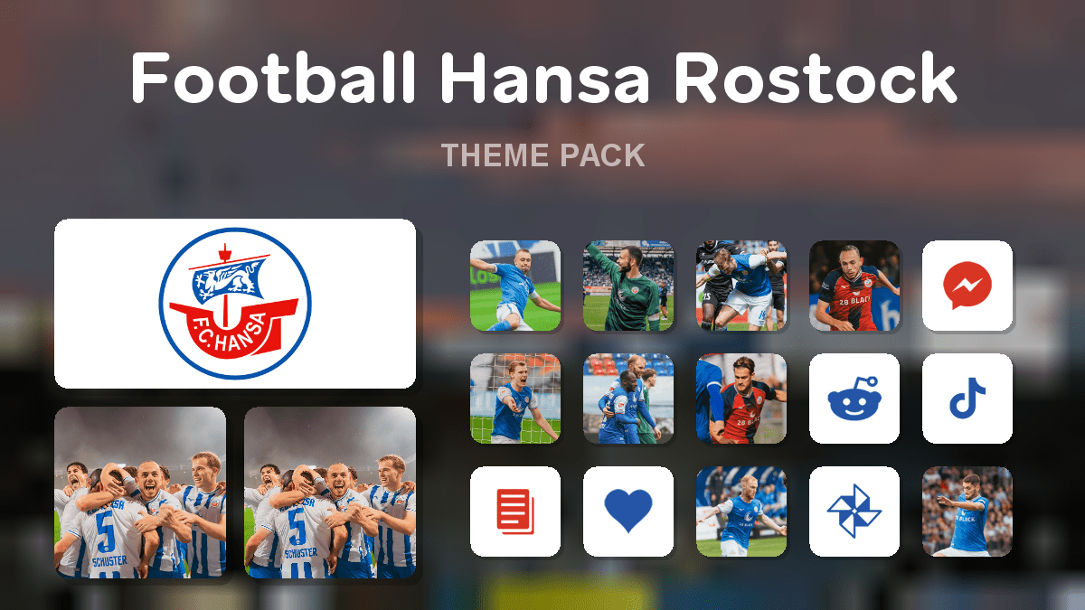 Football Hansa Rostock theme pack preview showing all icons widgets and wallpaper