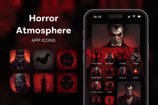 Horror Atmosphere theme pack featured image showing icons widgets and wallpaper