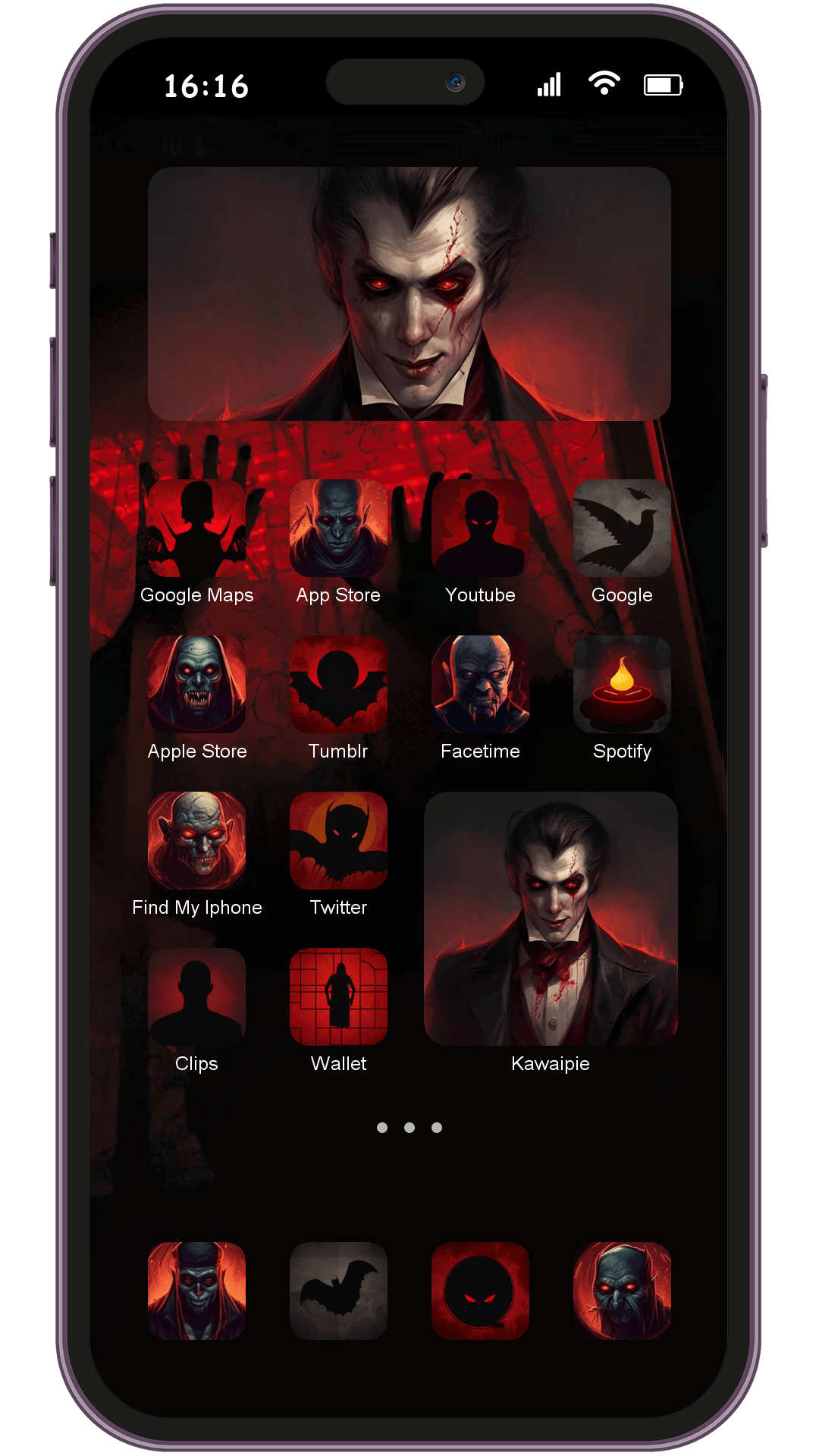 Horror Atmosphere theme pack applied on smartphone home screen