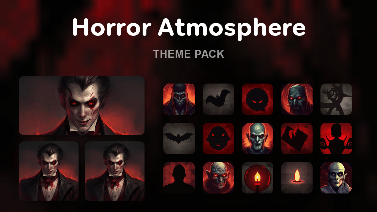 Horror Atmosphere theme pack preview showing all icons widgets and wallpaper