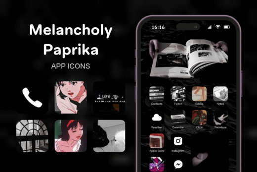 Melancholy Paprika theme pack featured image showing icons widgets and wallpaper